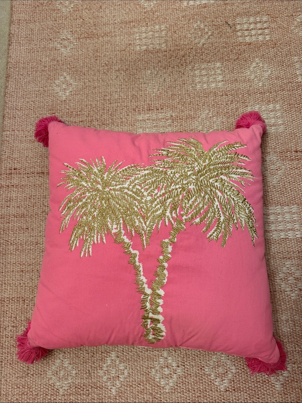 Lilly Pulitzer Hot Pink Pillow with Gold Palm Tree Embroidery